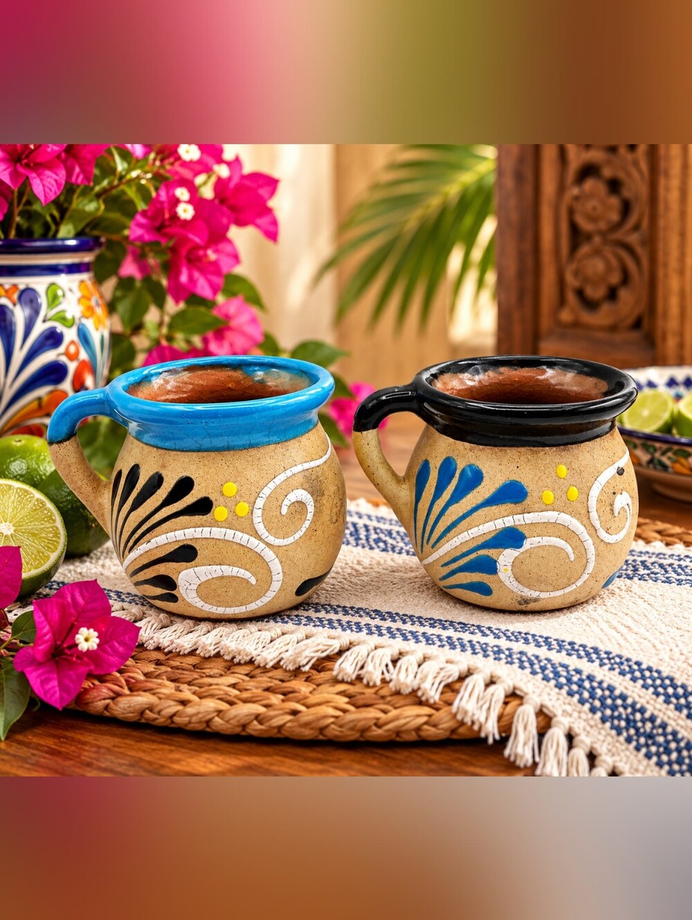 Cozumel Pottery Coffee Mugs,  Artisan Art, Set of 2